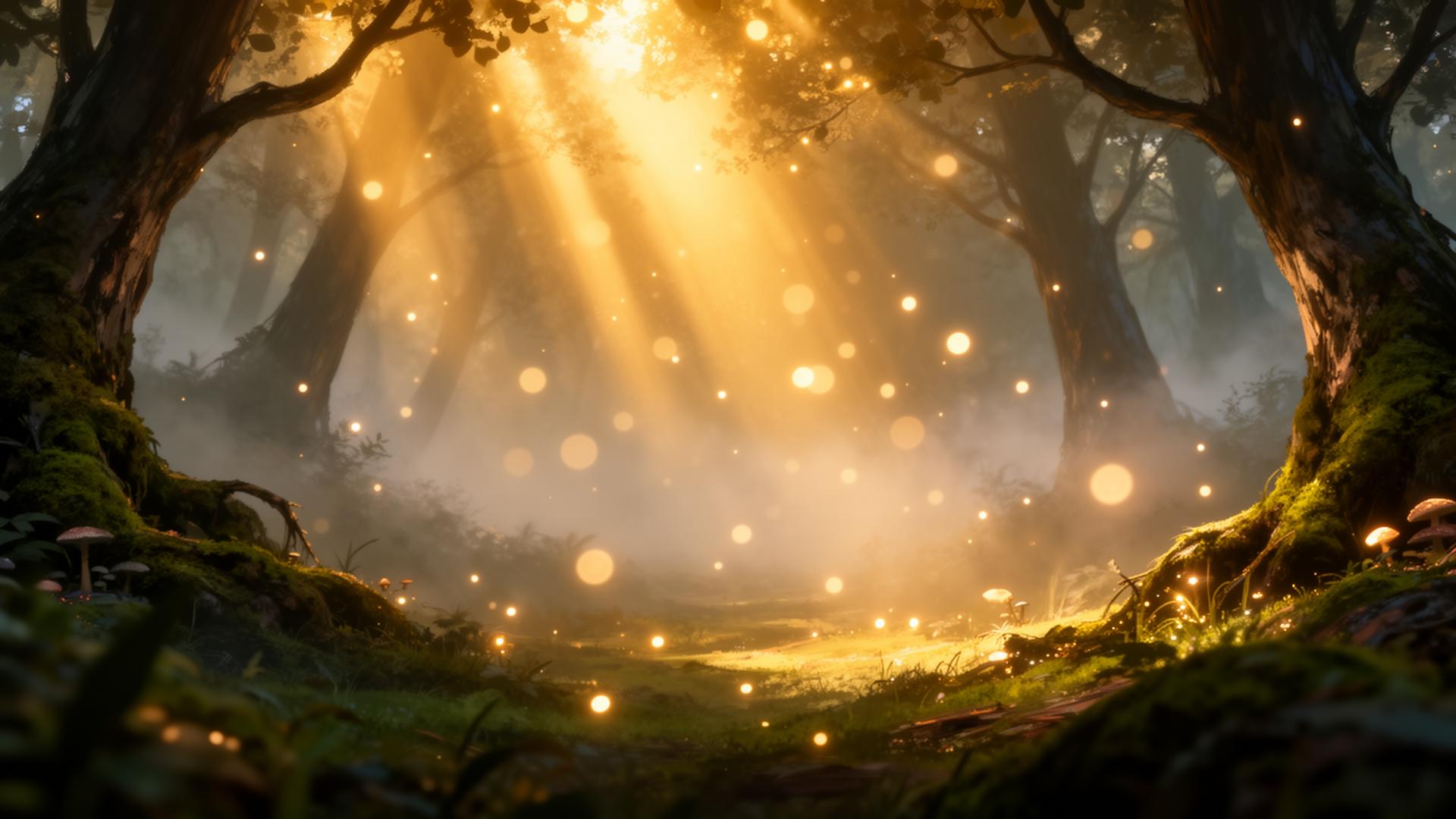 Magical forest scene with golden light rays, mist and bokeh particles