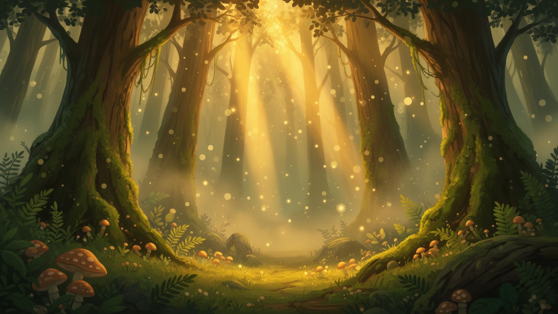 Magical enchanted forest with golden light rays