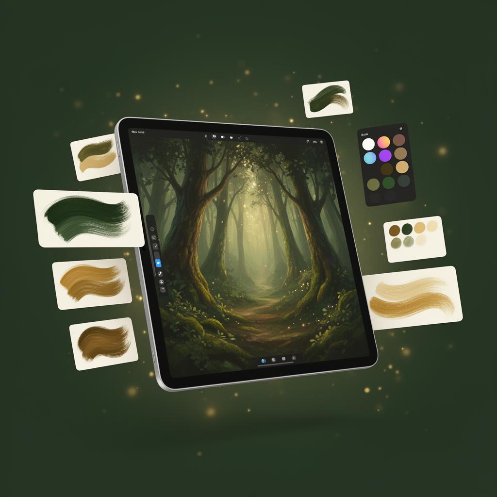 iPad showing a magical forest illustration in Procreate with brush previews and color palettes